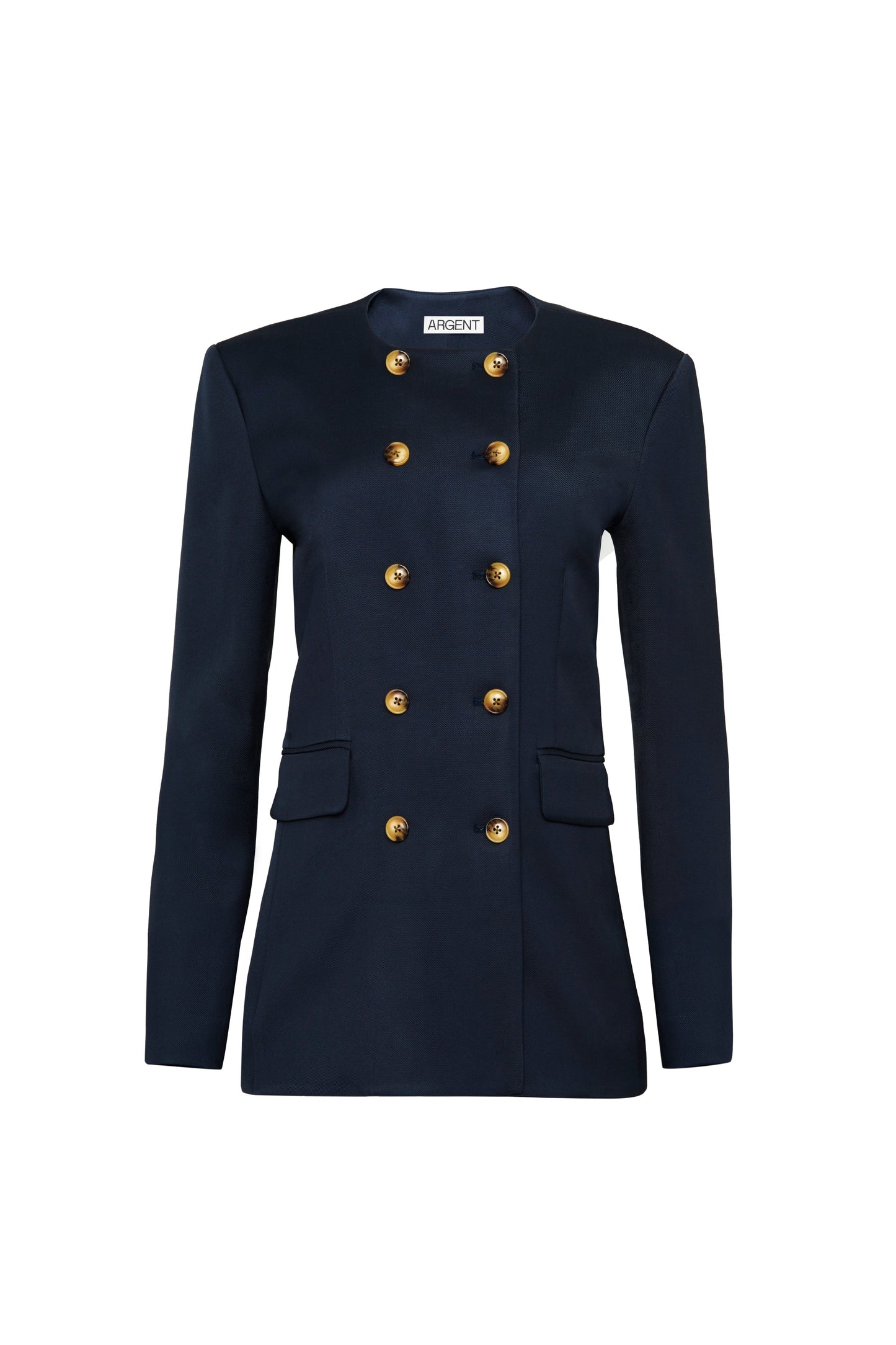 Double-Breasted Crewneck Blazer in Satin Twill | Navy