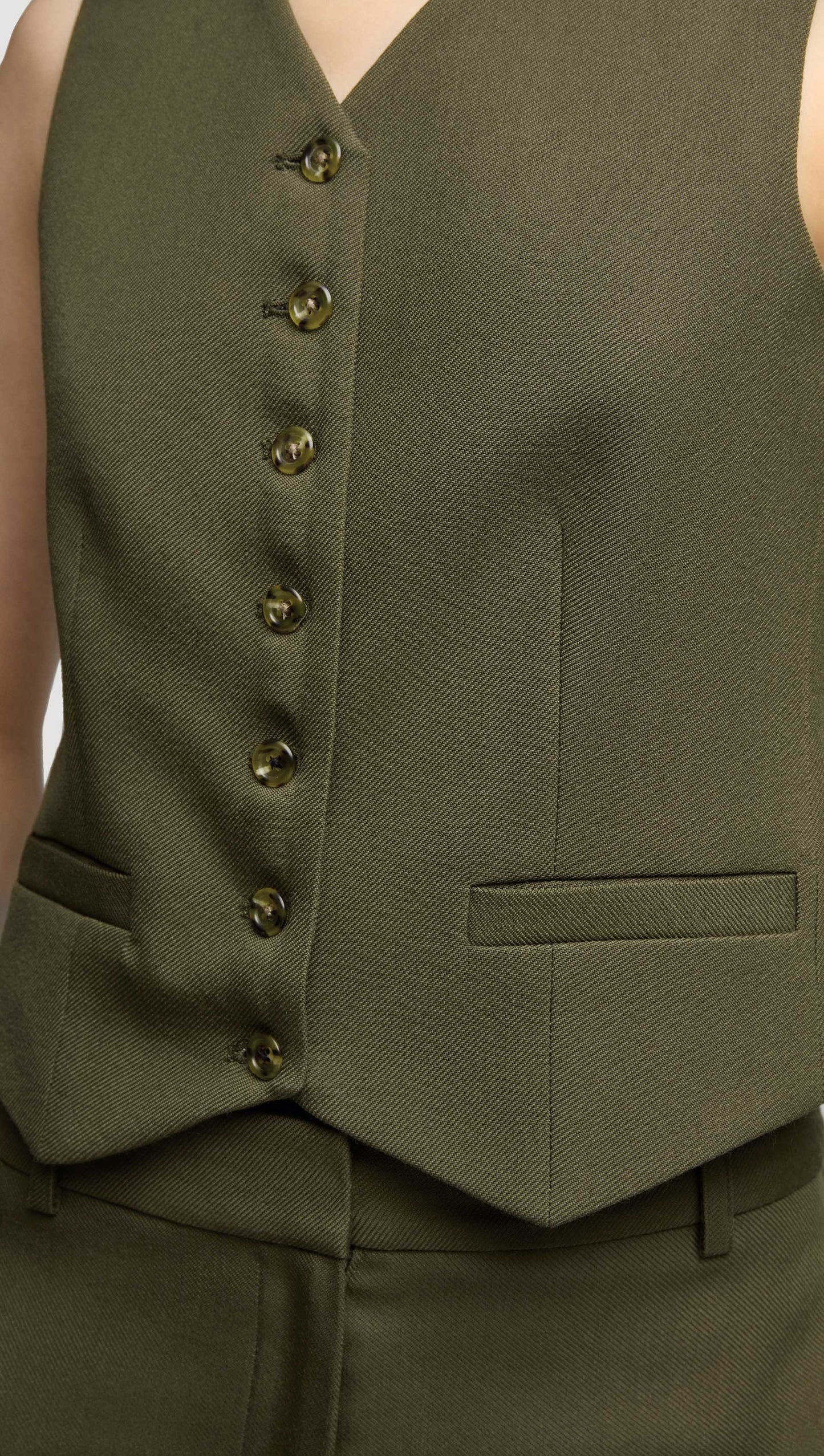 Shallow V-Neck Waistcoat in Viscose Wool Twill | Olive