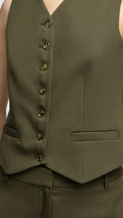 Shallow V-Neck Waistcoat in Viscose Wool Twill | Olive