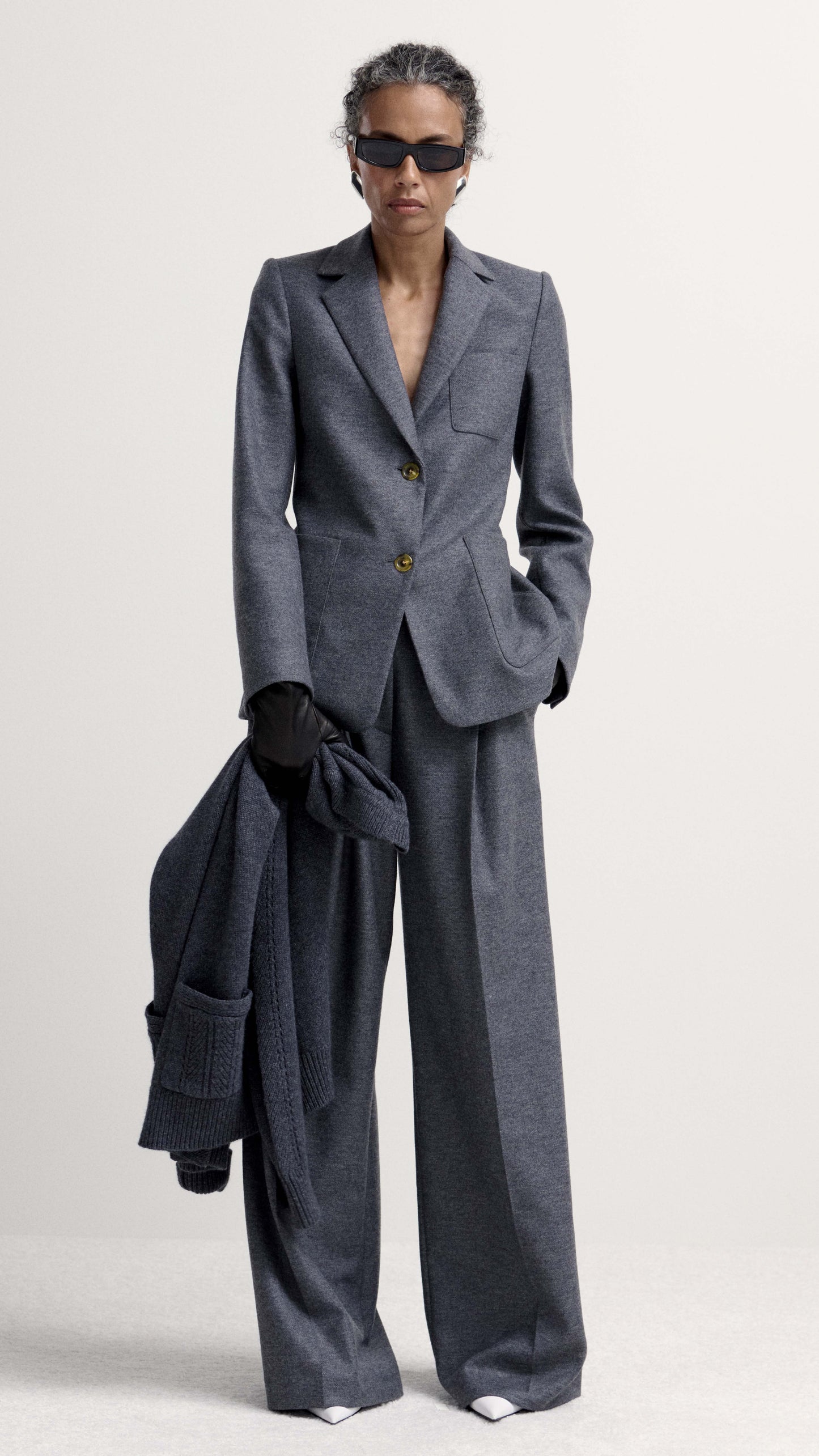 Single Pleat Trouser in Textured Wool | Grey Melange