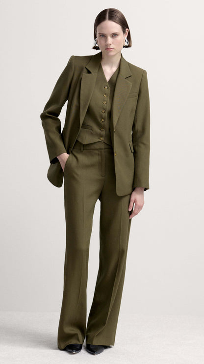 Shallow V-Neck Waistcoat in Viscose Wool Twill | Olive