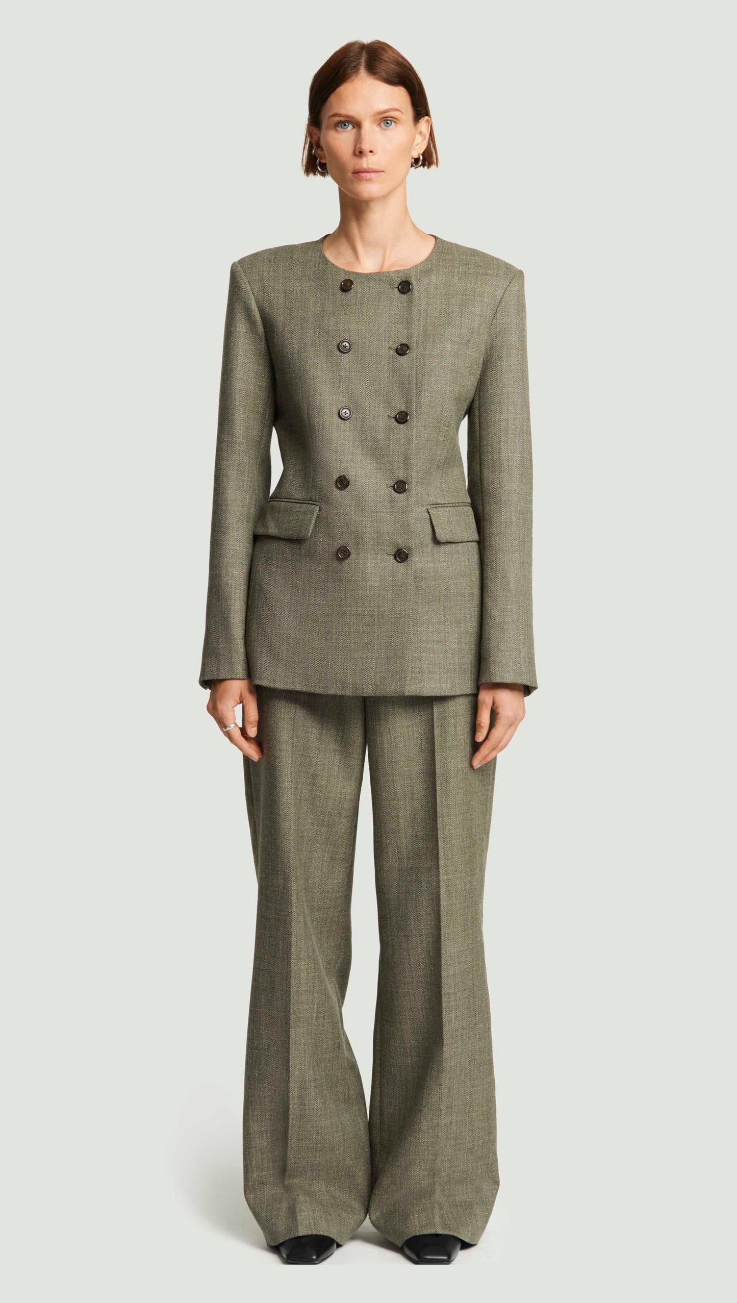 Double-Breasted Crewneck Blazer in Herringbone | Ash