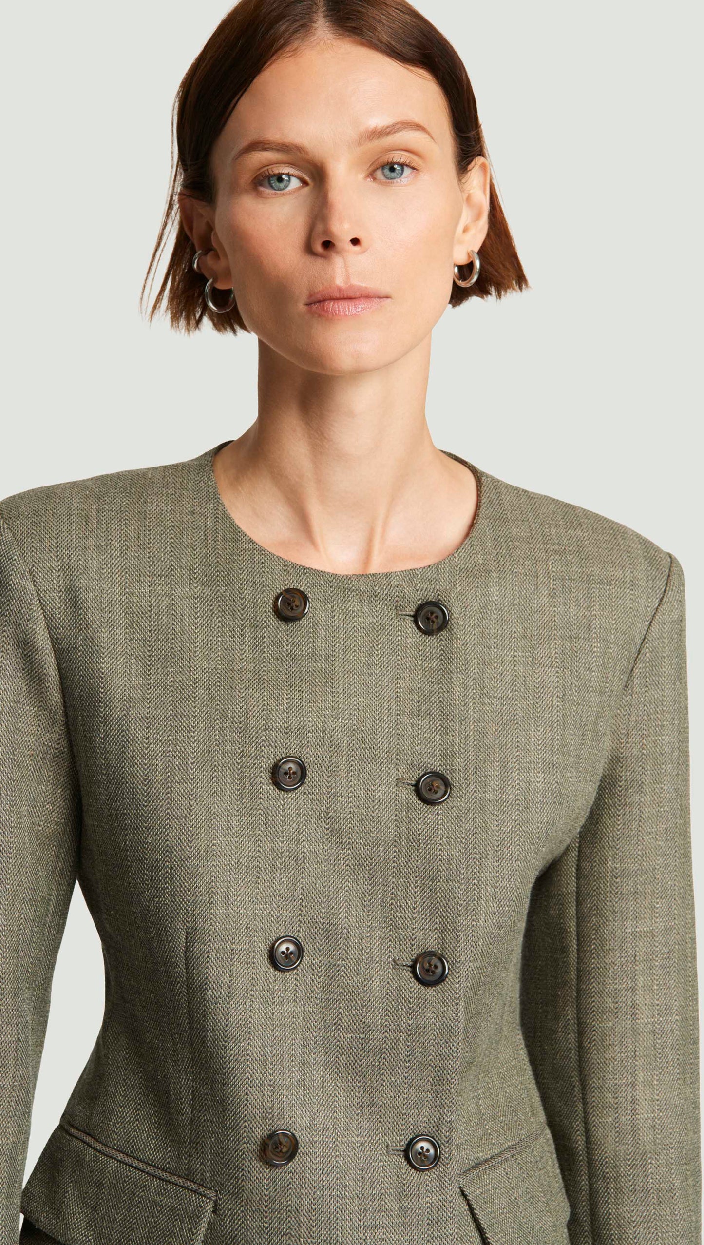 Double-Breasted Crewneck Blazer in Herringbone | Ash