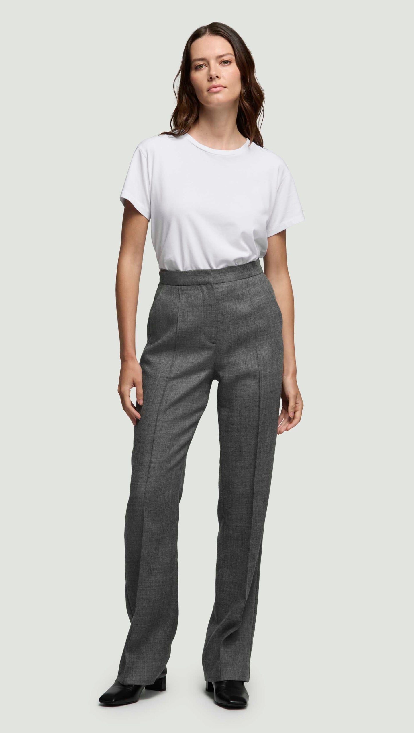 Straight Pintuck Trouser in Textured Wool Twill | Grey Melange