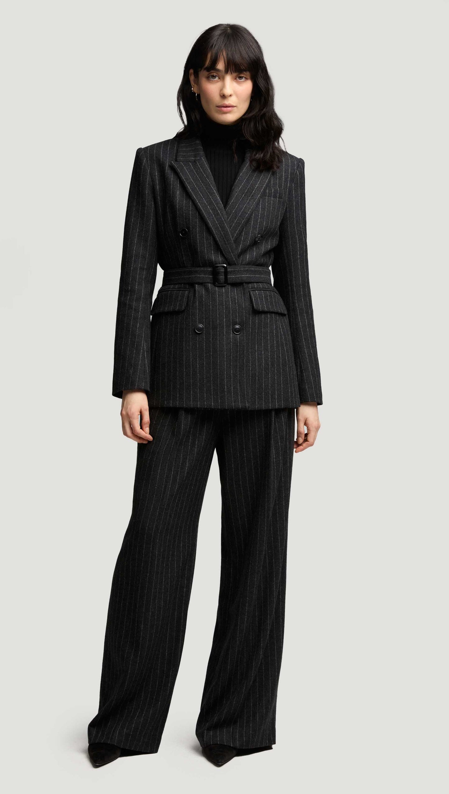 Belted Double-Breasted Blazer in Wool Blend | Grey Pinstripe