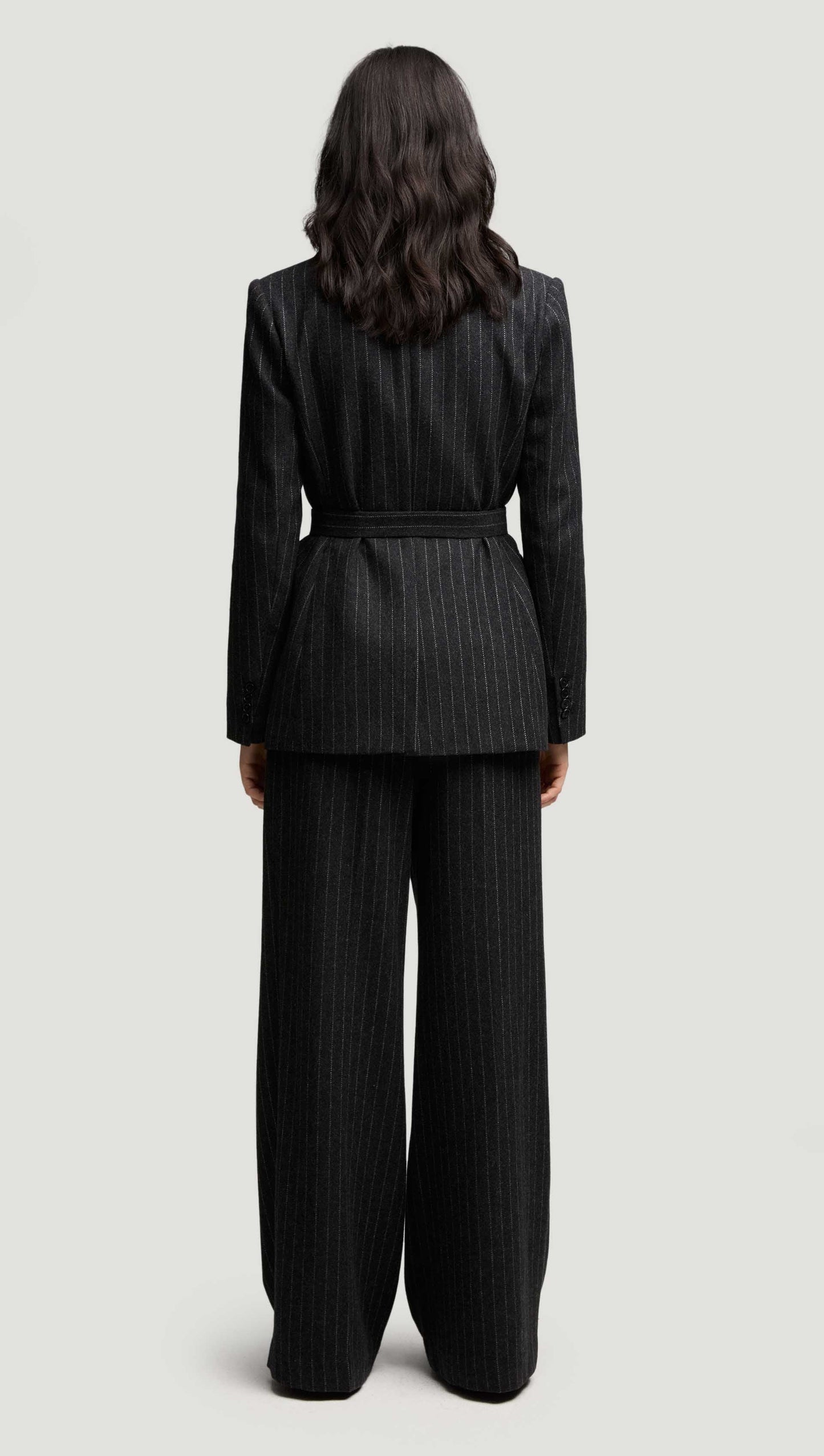 Belted Double-Breasted Blazer in Wool Blend | Grey Pinstripe
