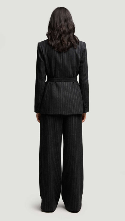 Belted Double-Breasted Blazer in Wool Blend | Grey Pinstripe
