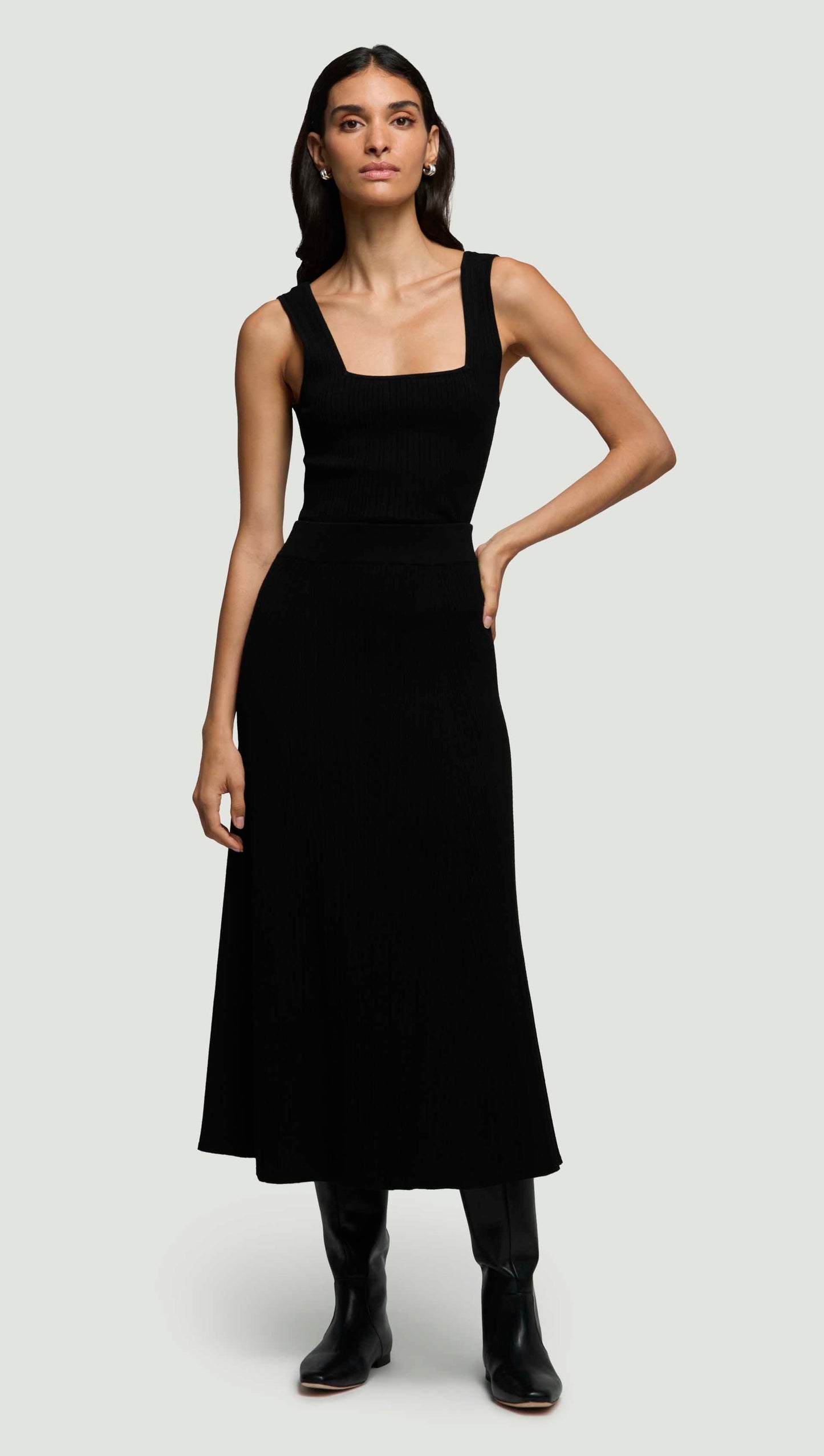 Ribbed Flare Skirt in Variegated Rib Stretch | Black