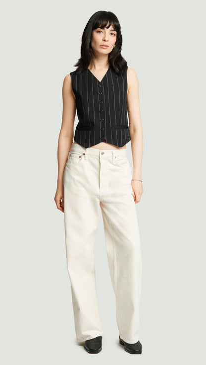 Shallow V-Neck Waistcoat in Stretch Wool | Navy Pinstripe