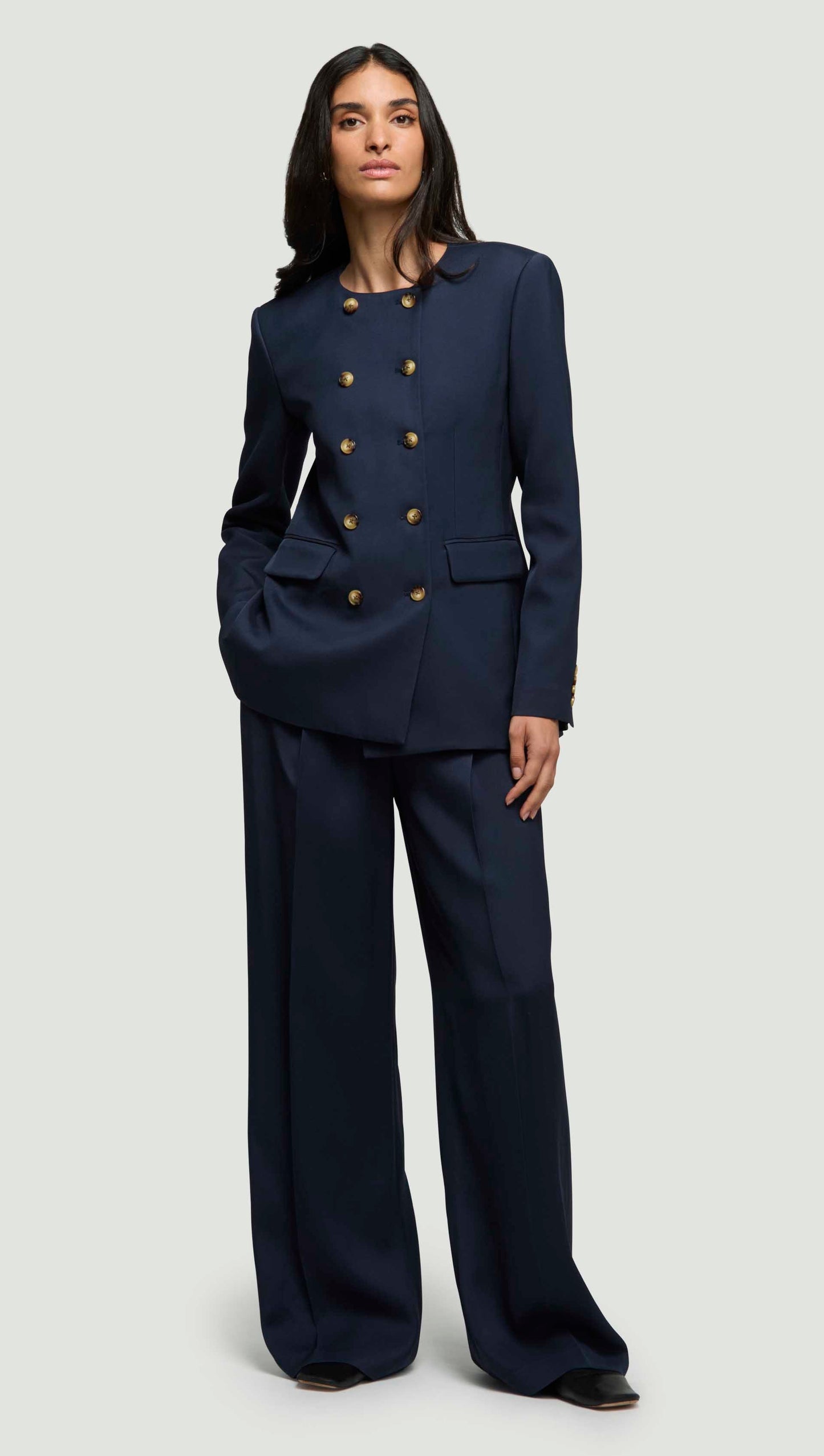 Double-Breasted Crewneck Blazer in Satin Twill | Navy