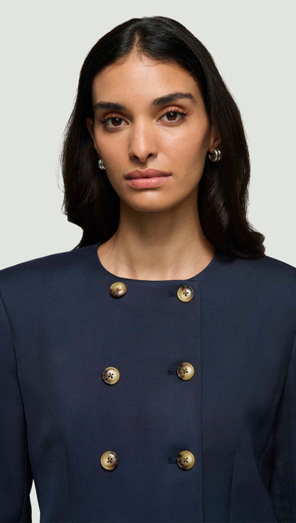 Double-Breasted Crewneck Blazer in Satin Twill | Navy