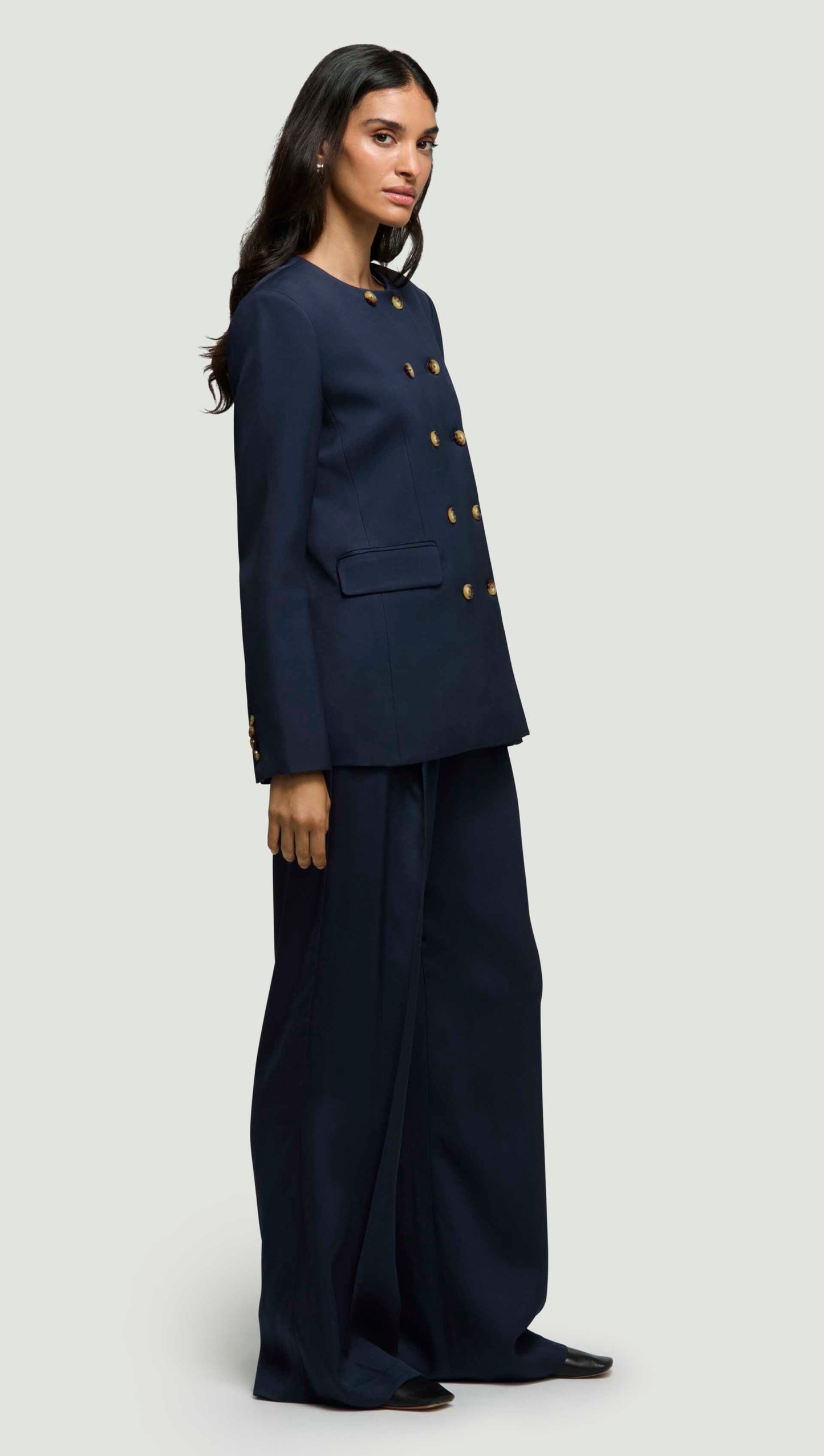 Double-Breasted Crewneck Blazer in Satin Twill | Navy