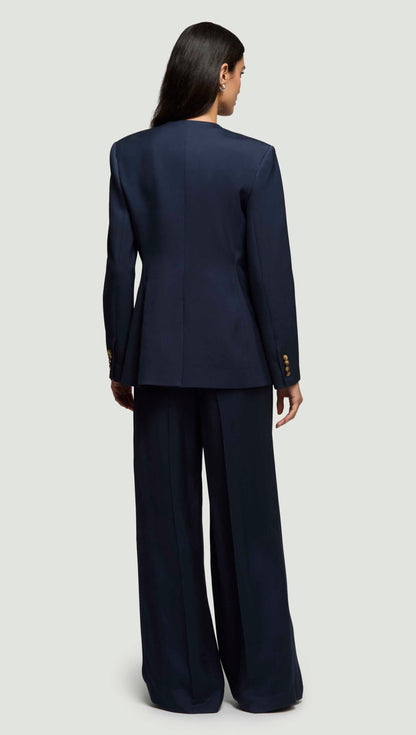 Double-Breasted Crewneck Blazer in Satin Twill | Navy