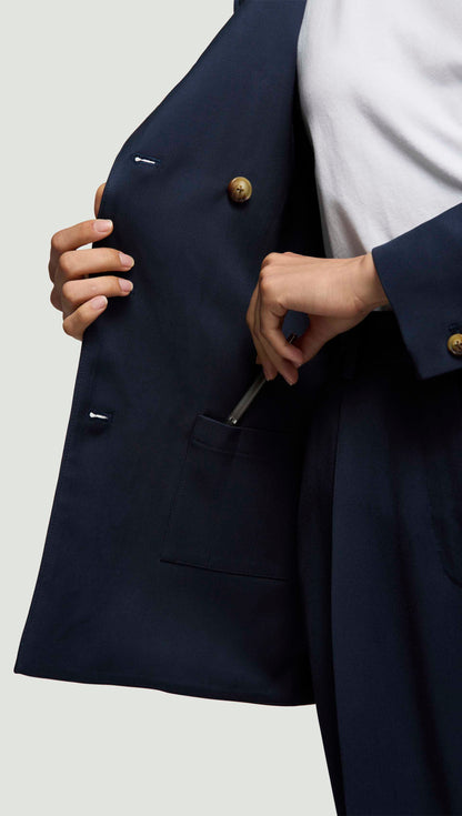 Double-Breasted Crewneck Blazer in Satin Twill | Navy