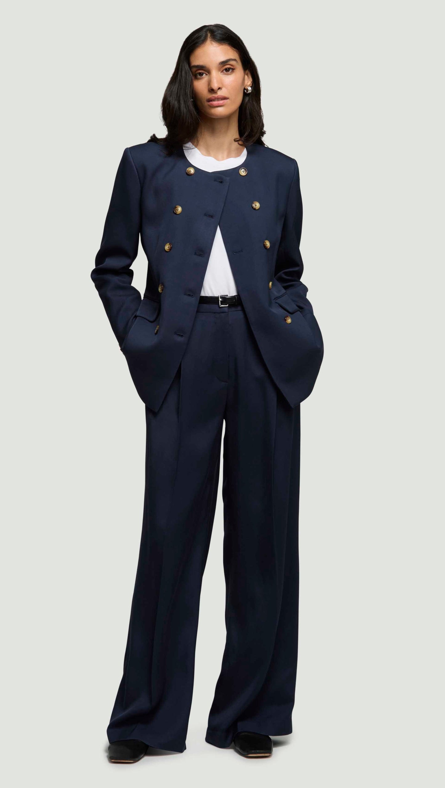 Double-Breasted Crewneck Blazer in Satin Twill | Navy