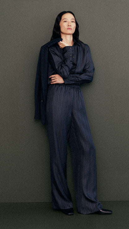 Pull-Up Pant in Silk Twill | Midnight Stripe
