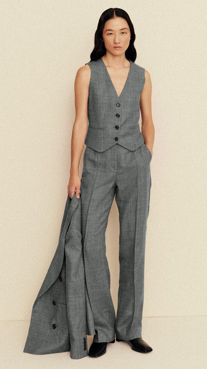 Straight Pintuck Trouser in Textured Wool Twill | Grey Melange