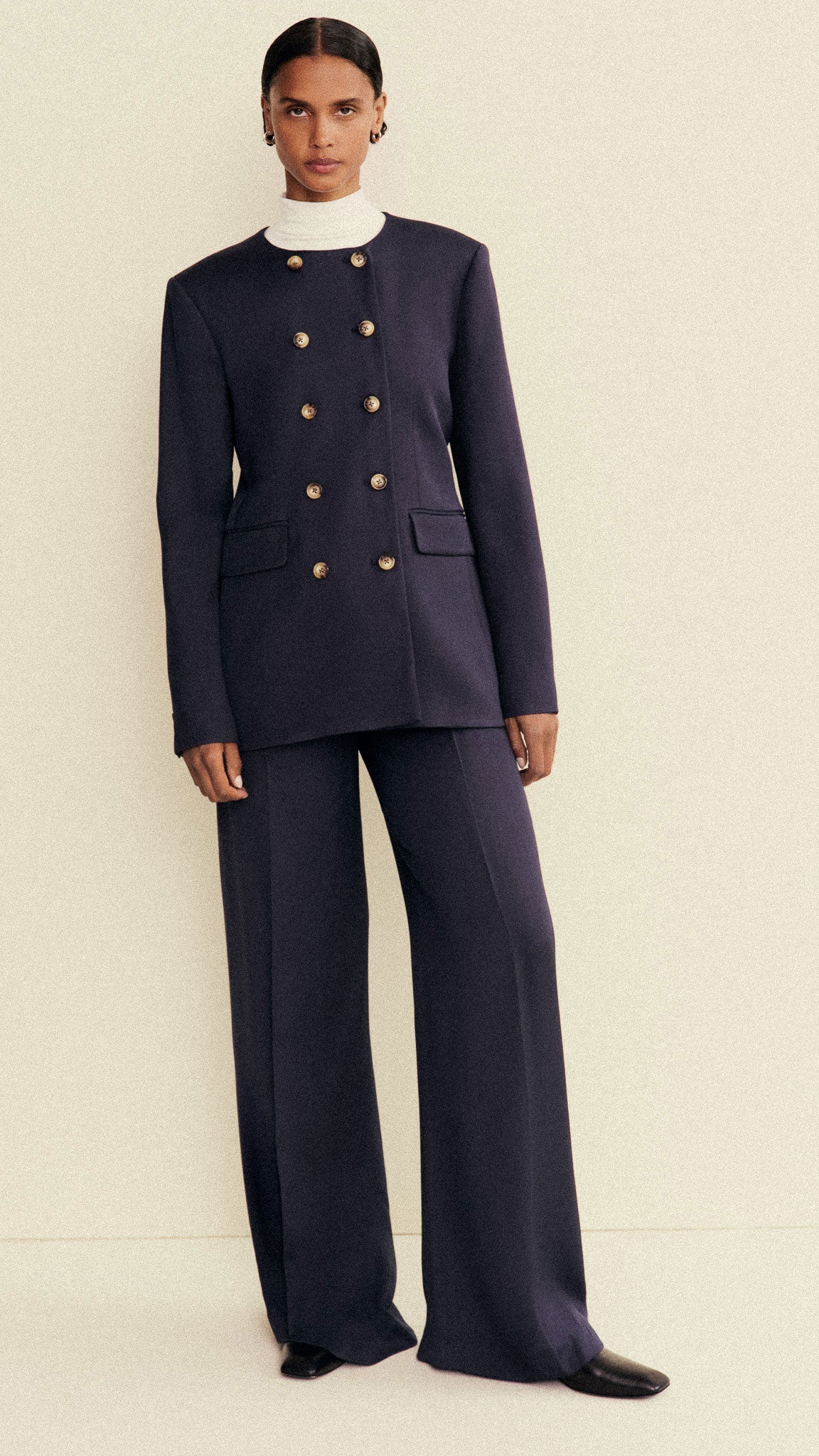 Double-Breasted Crewneck Blazer in Satin Twill | Navy