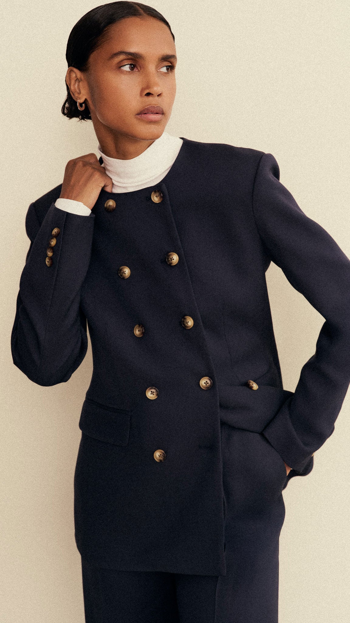 Double-Breasted Crewneck Blazer in Satin Twill | Navy