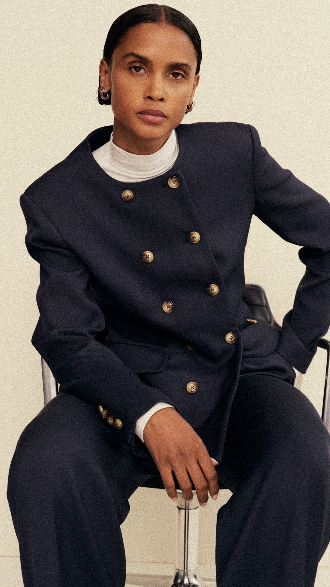 Double-Breasted Crewneck Blazer in Satin Twill | Navy