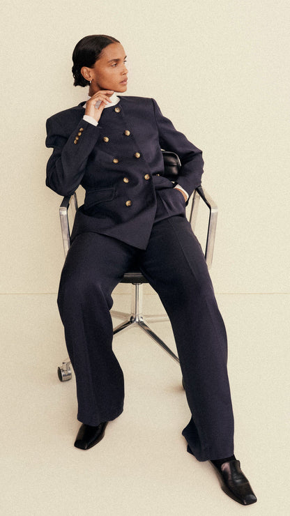Single Pleat Trouser in Satin Twill | Navy