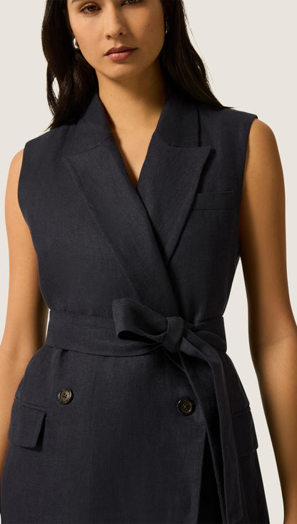 Belted Vest in Linen Twill | Midnight