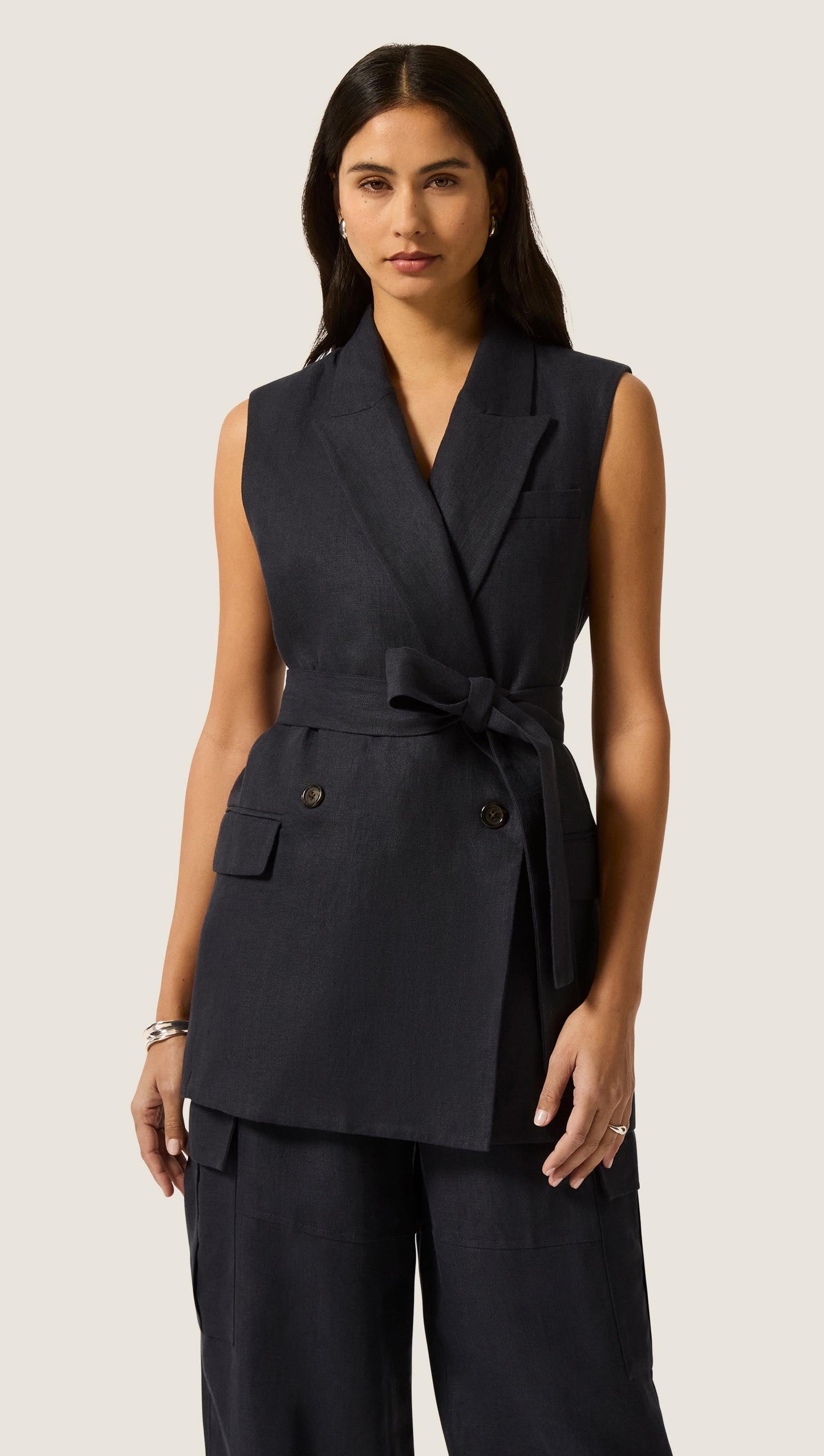 Belted Vest in Linen Twill | Midnight
