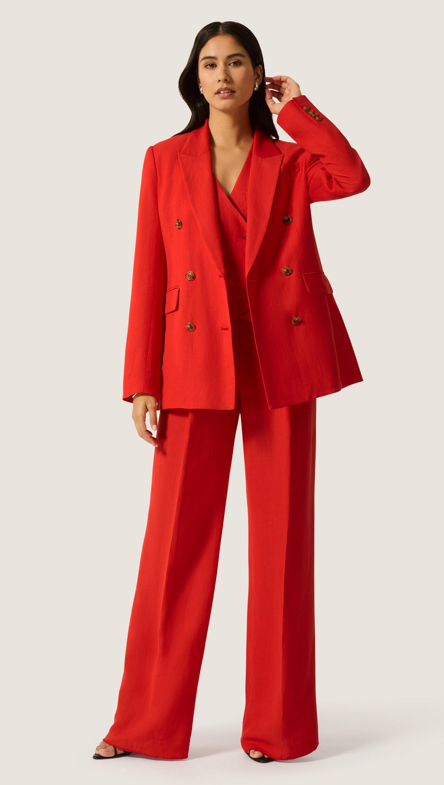 Double-Breasted Blazer in Viscose Linen | Coral Red