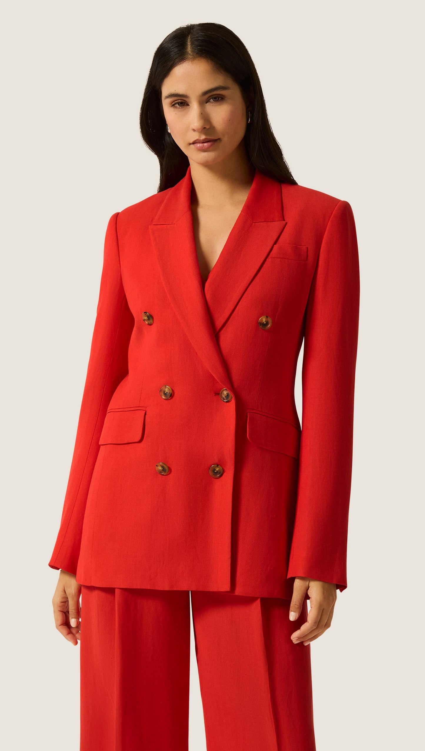 Double-Breasted Blazer in Viscose Linen | Coral Red