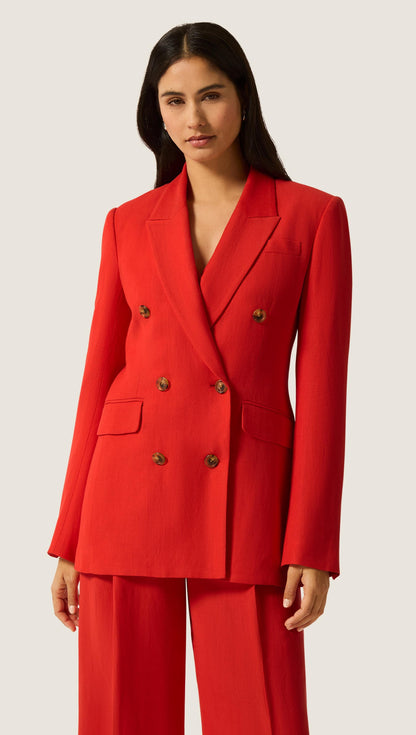 Double-Breasted Blazer in Viscose Linen | Coral Red