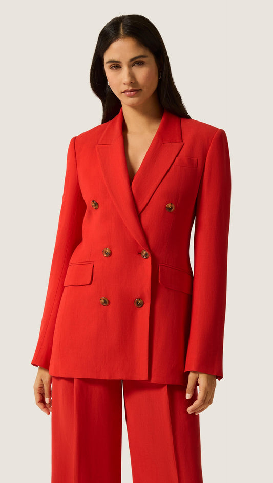 Double-Breasted Blazer in Viscose Linen | Coral Red