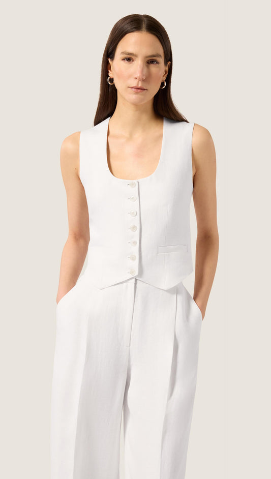 Scoop Neck Waistcoat in Viscose Linen | Ivory