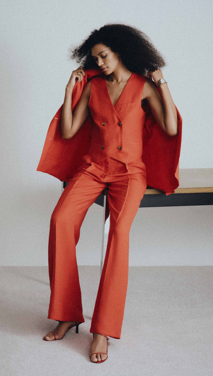 Double-Breasted Blazer in Viscose Linen | Coral Red