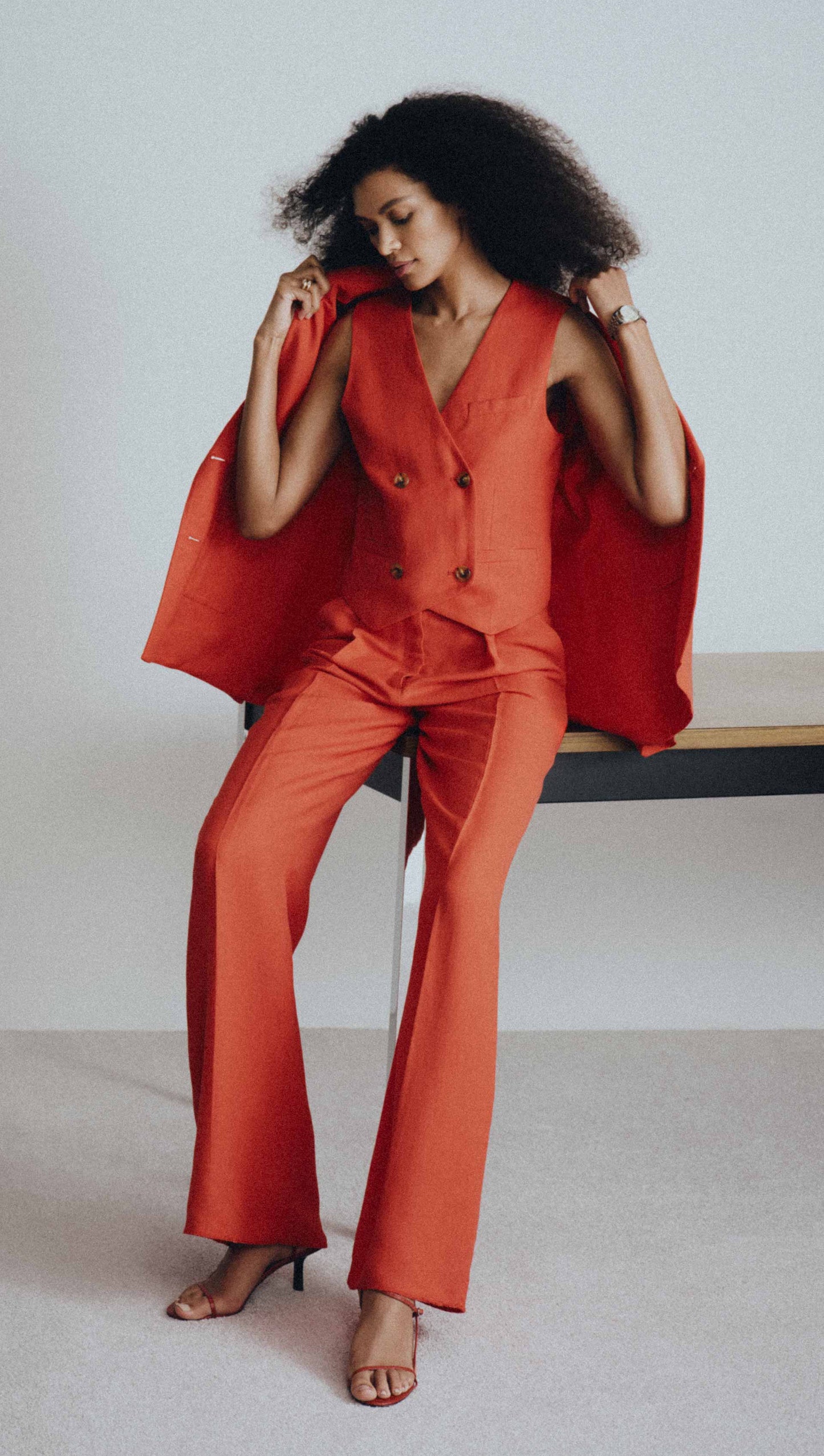 Double-Breasted Waistcoat in Viscose Linen | Coral Red
