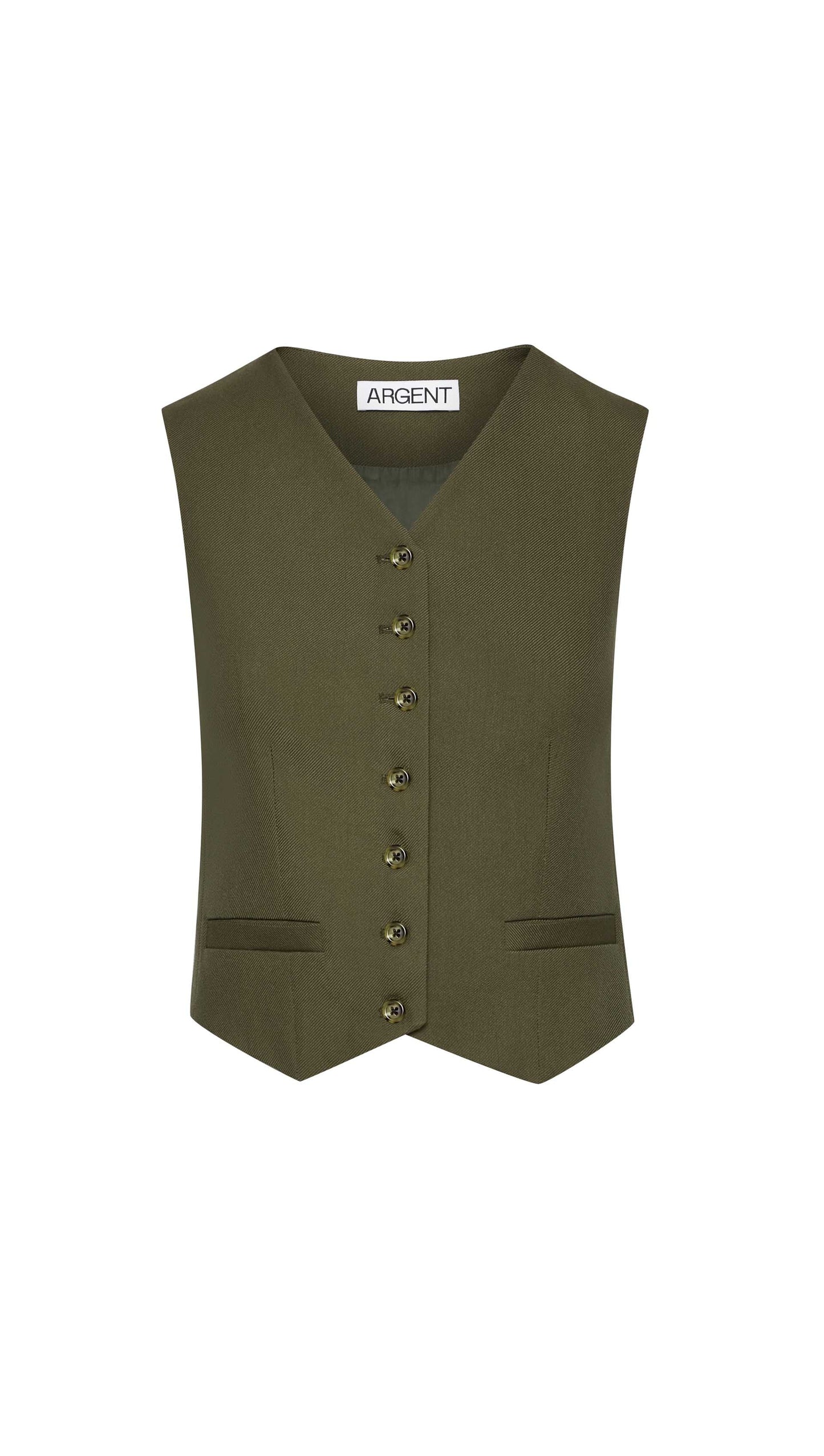 Shallow V-Neck Waistcoat in Viscose Wool Twill | Olive
