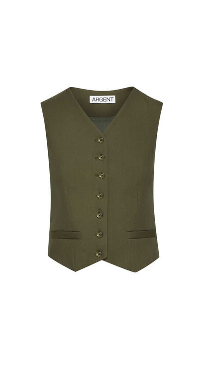 Shallow V-Neck Waistcoat in Viscose Wool Twill | Olive