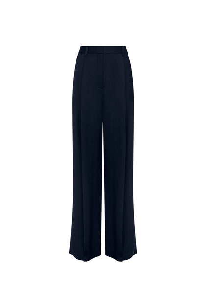 Single Pleat Trouser in Satin Twill | Navy